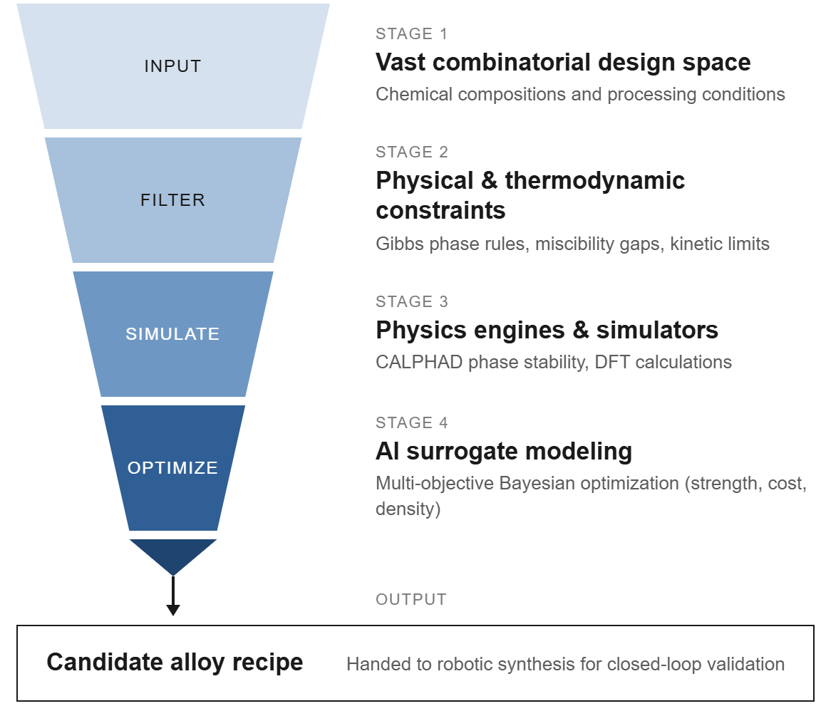 Figure 3 Diagrammatic representation of the integration of metallurgical domain knowledge into the AI decision loop, illustrating how physics-based constraints, literature-derived priors, and multi-objective formulations collectively guide the autonomous planner.